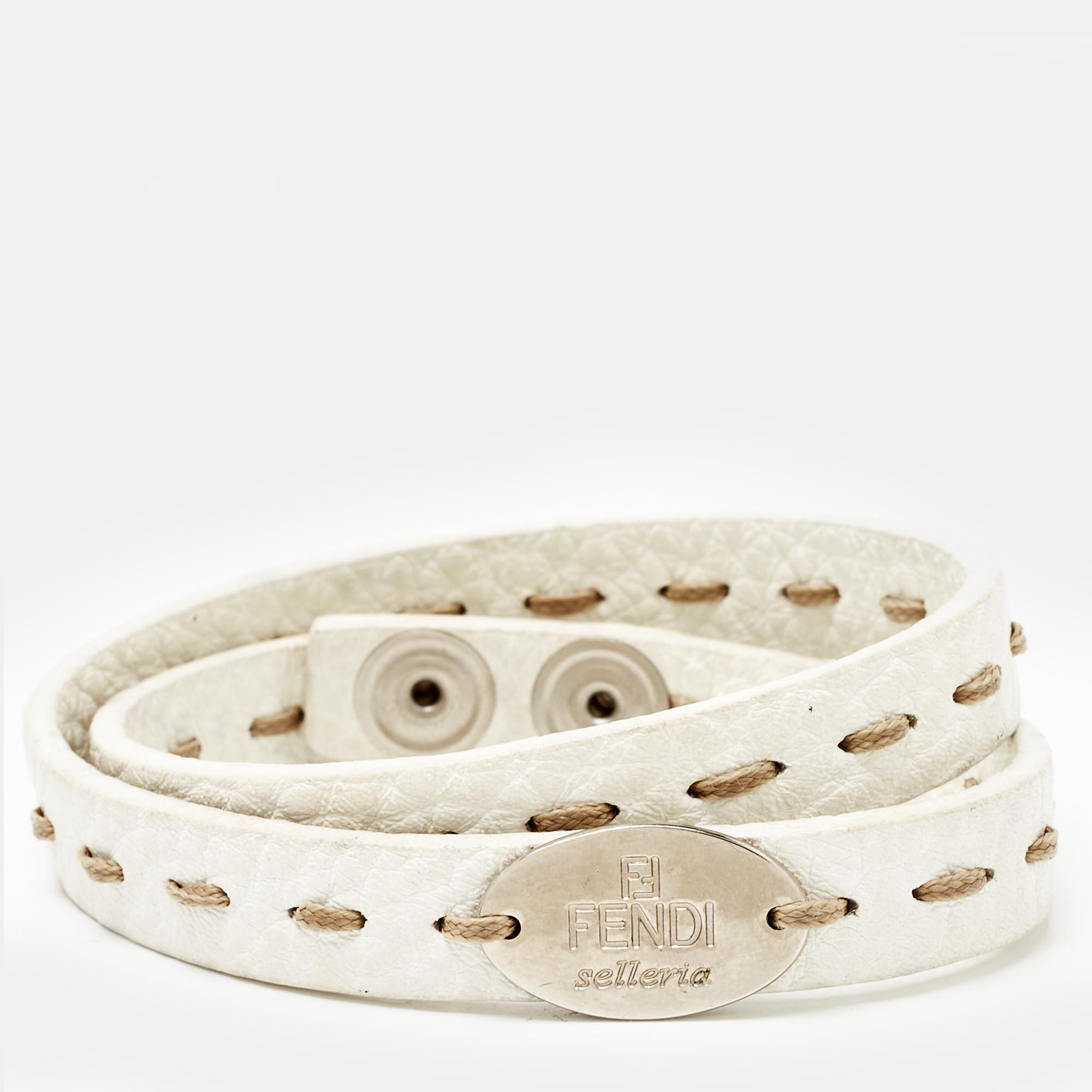Fendi Selleria White Leather Silver Tone Double Wrap Bracelet